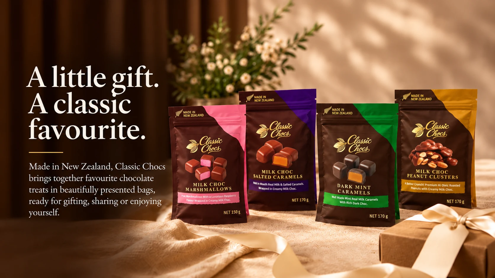 A little gift. A classic favourite. Made in New Zealand, Classic Chocs brings together favourite chocolate treats in beautifully presented bags, ready for gifting, sharing or enjoying yourself.